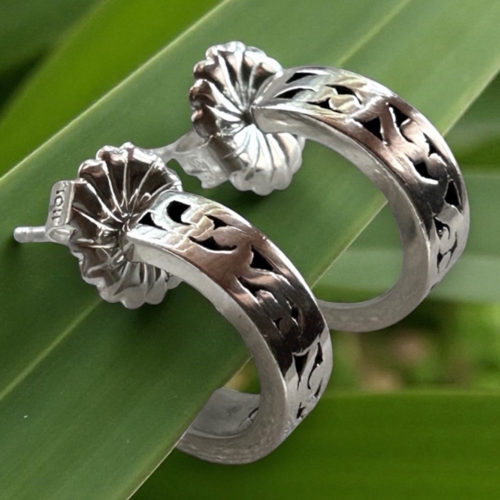 Lois Hill 925 Sterling Silver Chunky Carved Open Work Hoop Earrings – 3/4” EUC